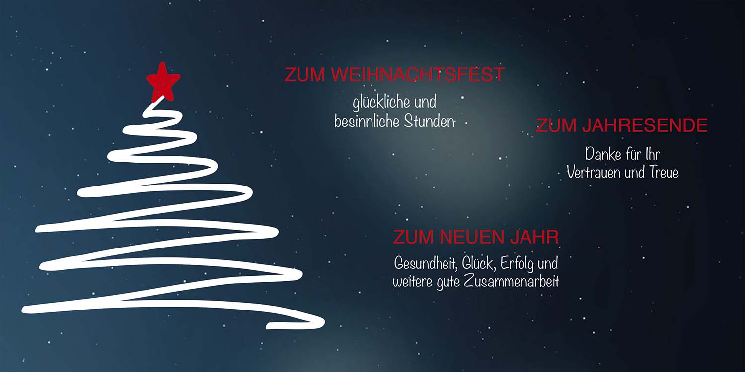 Firmen-Weihnachtskarte in blauschwarz mit geschäftlichen Weihnachtsgrüßen und Dank