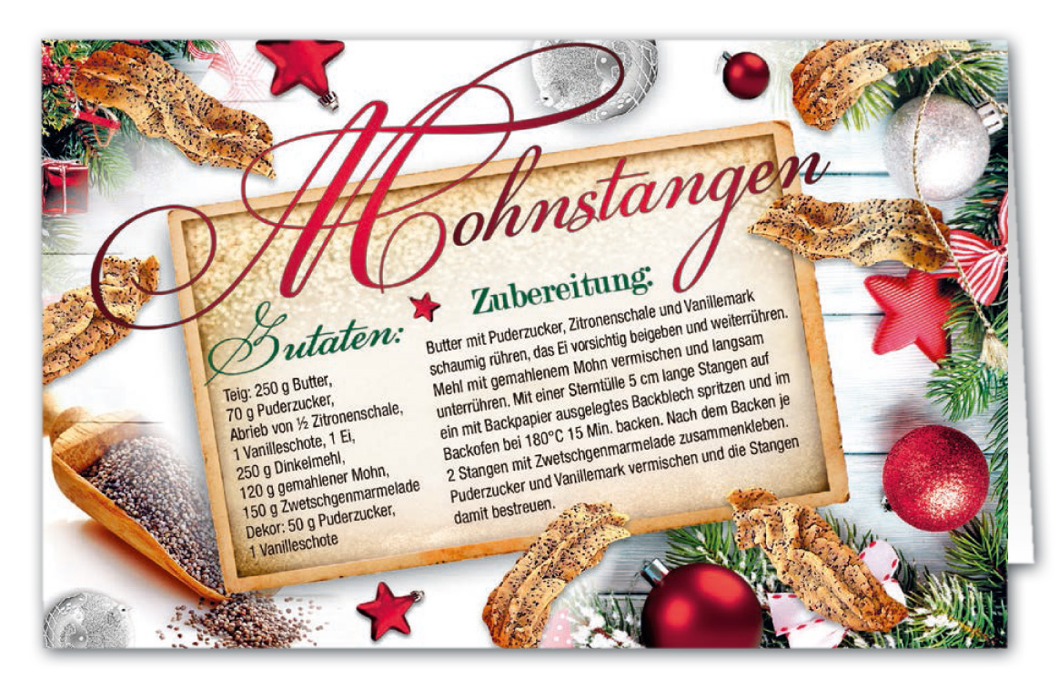 Duftkarte als Weihnachtskarte mit einem leckeren Rezept und Zutatenliste für Mohnstangen