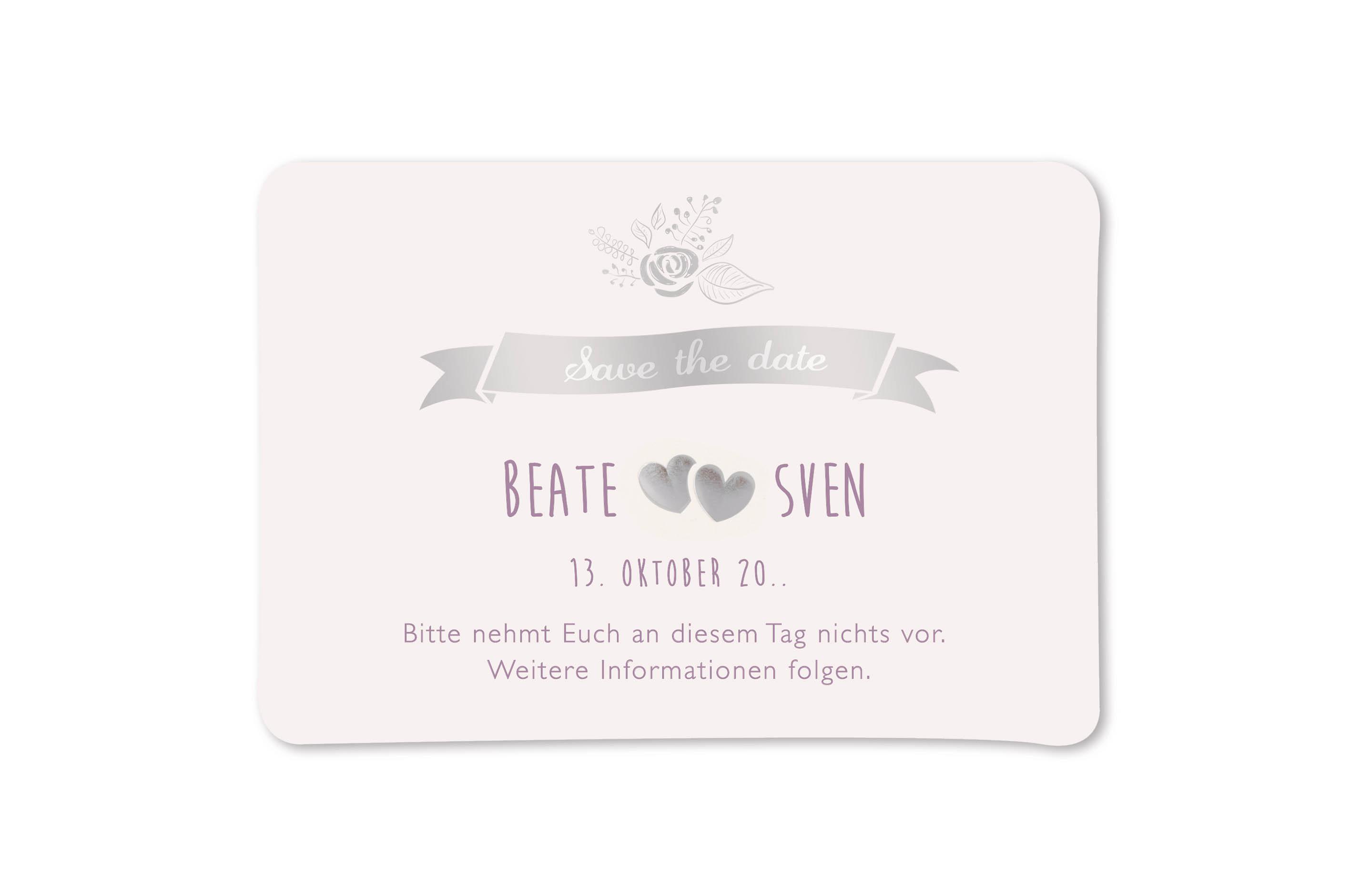 Romantische Save the Date Karte mit silbernen Herzen, Banner und Blumenqouqet