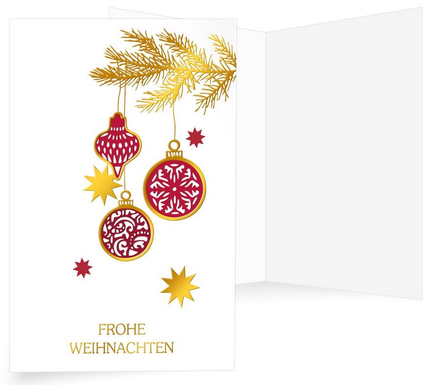 Weiße Weihnachtskarte mit verzierten Weihnachtskugeln an goldenem Zweig und "Frohe Weihnachten"