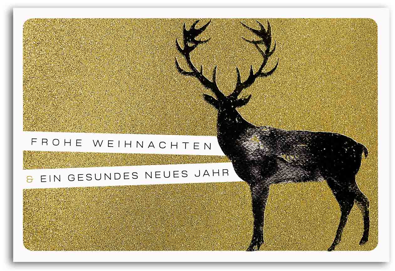 Glitzernde Weihnachtskarte im modernen Design mit Goldglitter, Hirsch und Weihnachtsgruß