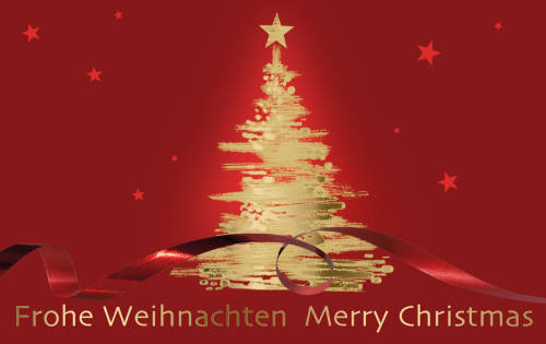 Spenden-Weihnachtskarten mit abstraktem Weihnachtsbaum - Logo und Infotext der Kinderkrebs Stiftung auf der Rückseite