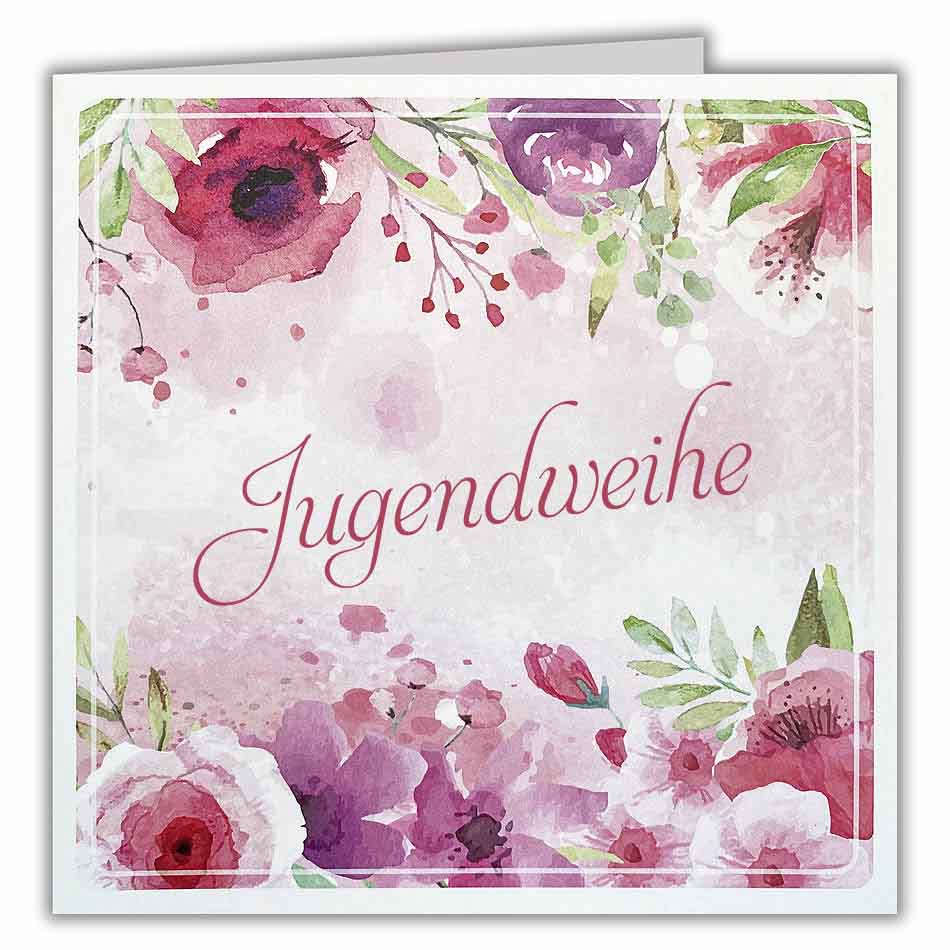 Jugendweihe Einladungskarte im Farbstil burgunderrot, pink mit Aquarell-Blumenmotiv