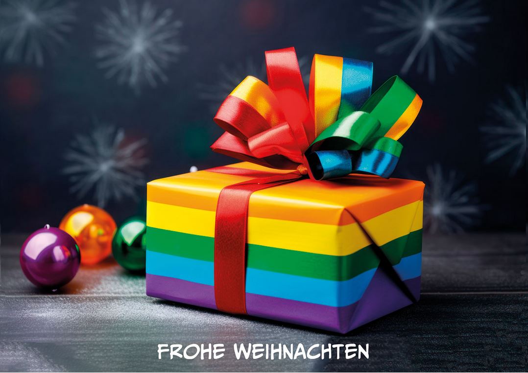 Origineller Weihnachtsgruß mit verpacktem Geschenk in bunten Regenbogenfarben und Gruß