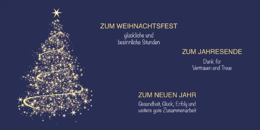 Firmenweihnachtskarte in blau mit Weihnachts- und Neujahrsgruß sowie Dank für Vertrauen und Treue