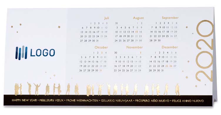 Kalender Weihnachtskarte für den Schreibtisch, mit Kalendarium für 2020 (Rückseite 2. Halbjahr), Firmenlogo und Weihnachtsgruß