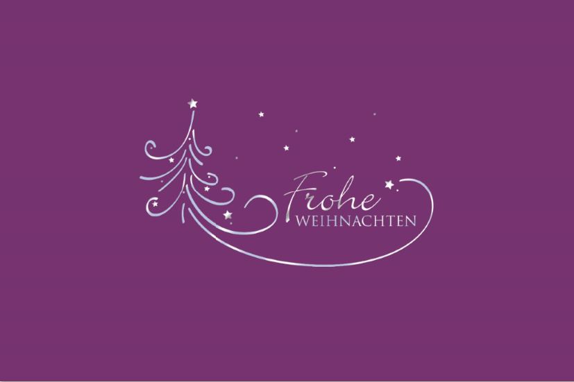 Edle Weihnachtskarte in violett mit Folienprägung Weihnachtgruß, Baum und kleine Sterne