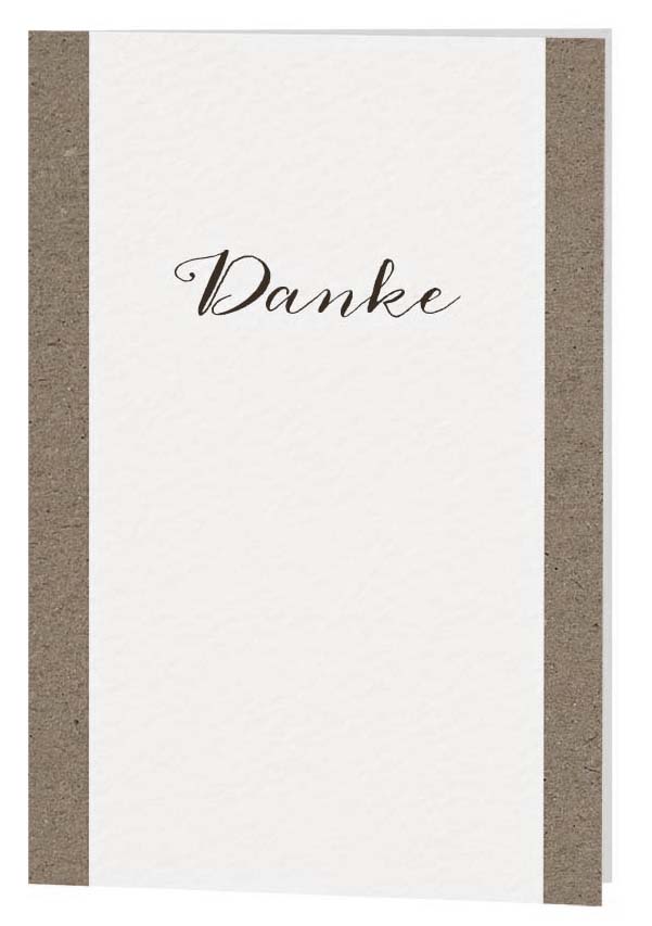 Trauerkarte aus naturweißem Designkarton mit Briefumschlag. Die Vorderseite der Klappkarte ist mit dem Wort "Danke" und am Rand mit zwei Balken in einem warmen Grauton bedruckt.