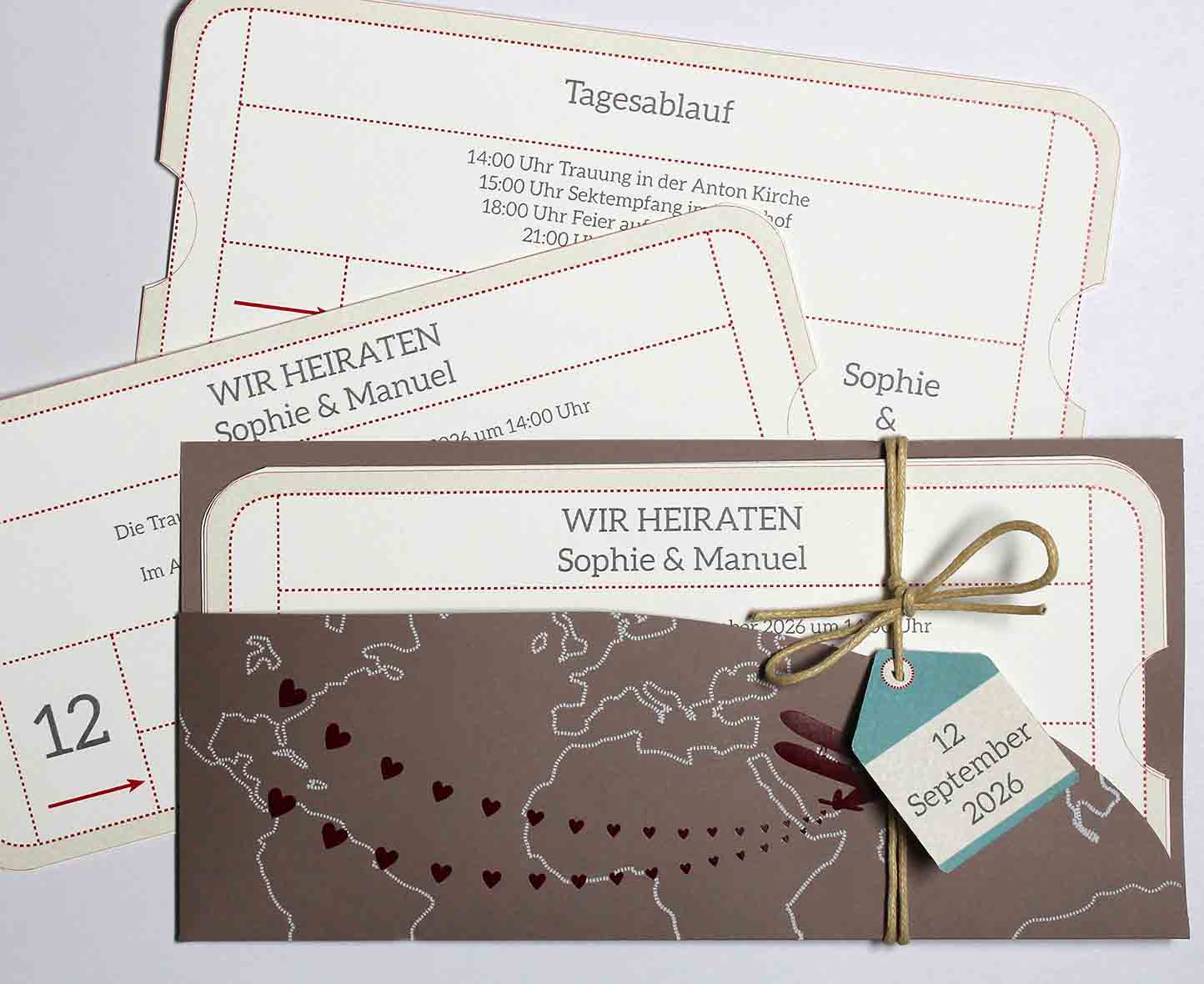 Hochzeitsticket Einladungskarte anthrazitgrau Pocket mit Doppeldecker Flugzeug und Einsteckkarten