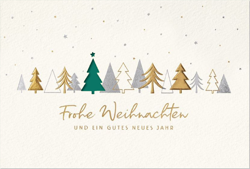 Weiße Weihnachtskarte mit Folienprägung gold und silber, Stanzung Baum und Einleger in dunkelgrün