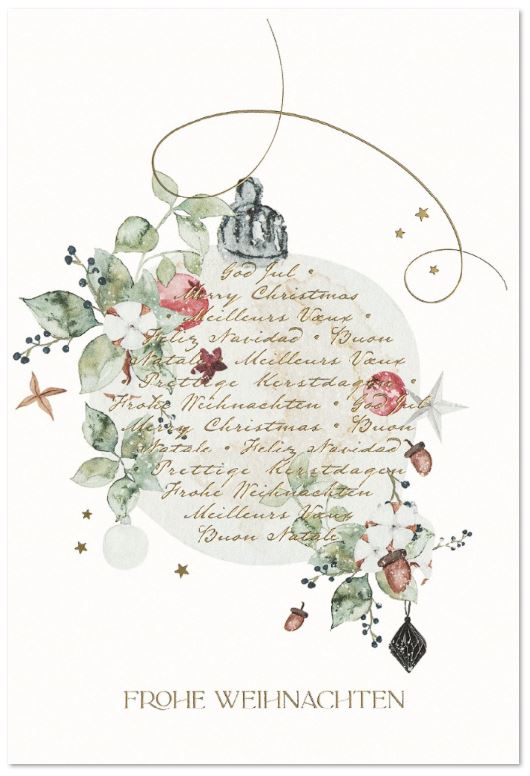 Aquarell-Weihnachtskarte mit floralem Druck und Baumkugel sowie internationalen Grüßen in gold