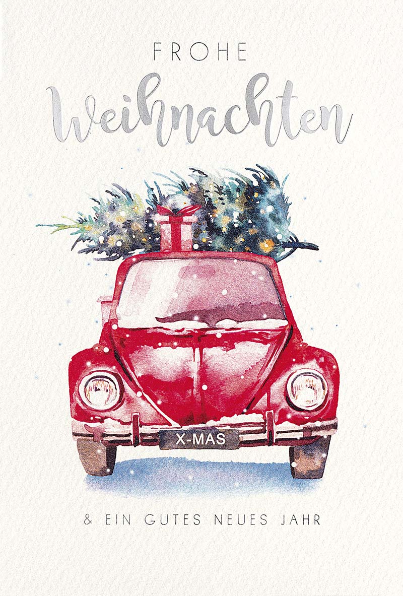 Vintage-Weihnachtskarte mit knallrotem VW-Käfer und einem Weihnachtsbaum auf dem Dach