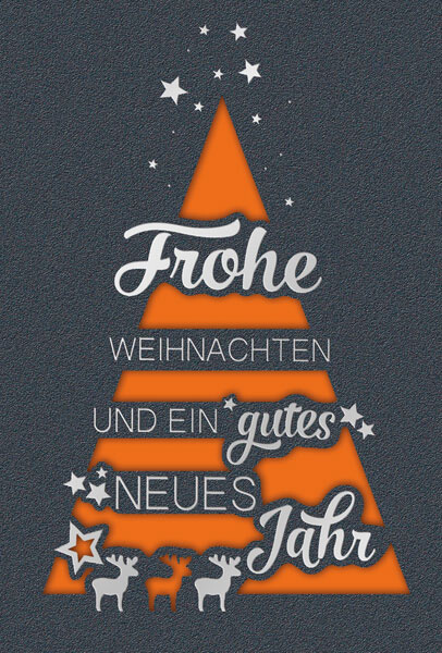 Weihnachtskarte in grau mit Baumstanzung, Weihnachtsgruß und silbernen Rentieren, Einleger orange