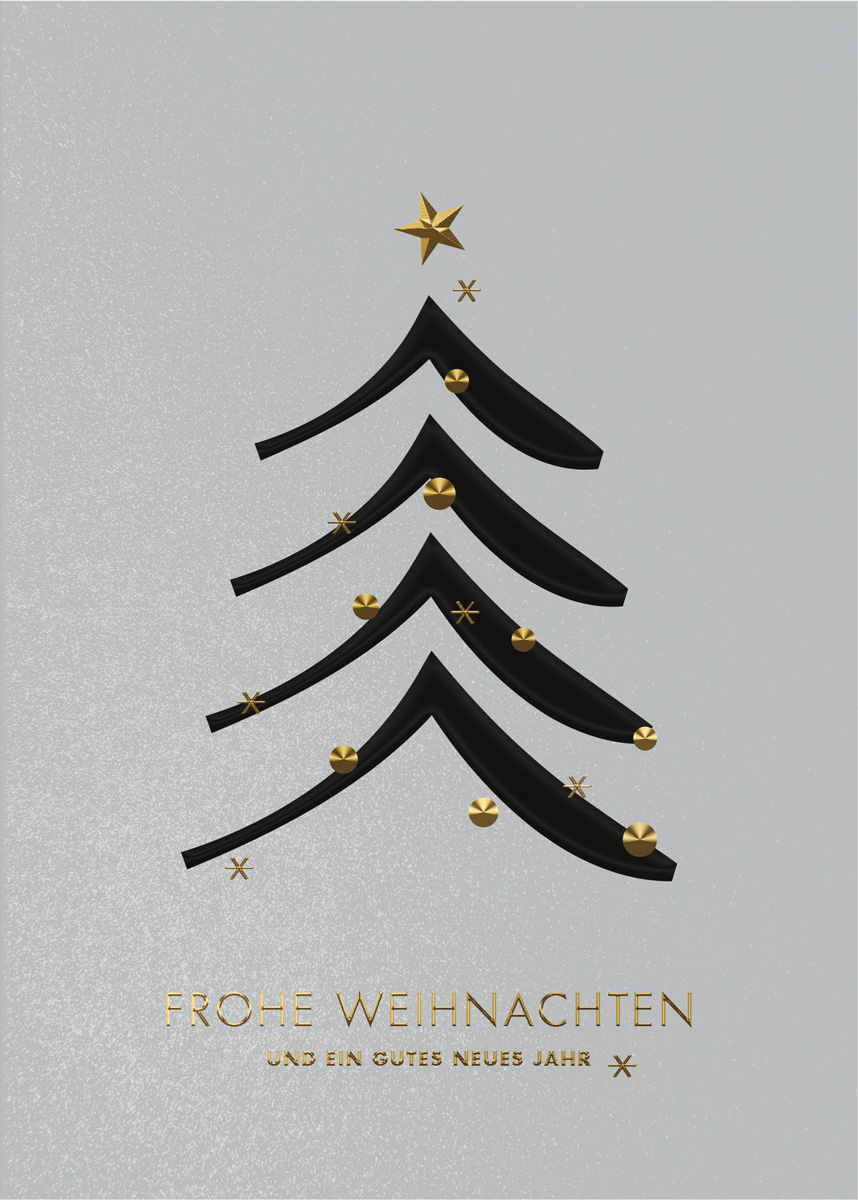 Moderne Weihnachtskarte mit abstraktem Baum, goldenen Sternen und Kugeln sowie Weihnachtsgruß