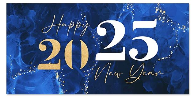 Englischsprachige Neujahrsgrußkarte mit Jahreszahl 2025 und Happy New Year, DIN lang