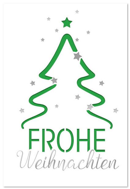 Weiße Weihnachtskarte mit Formstanzung und Silberfolienprägung inkl. grünem Einlegeblatt