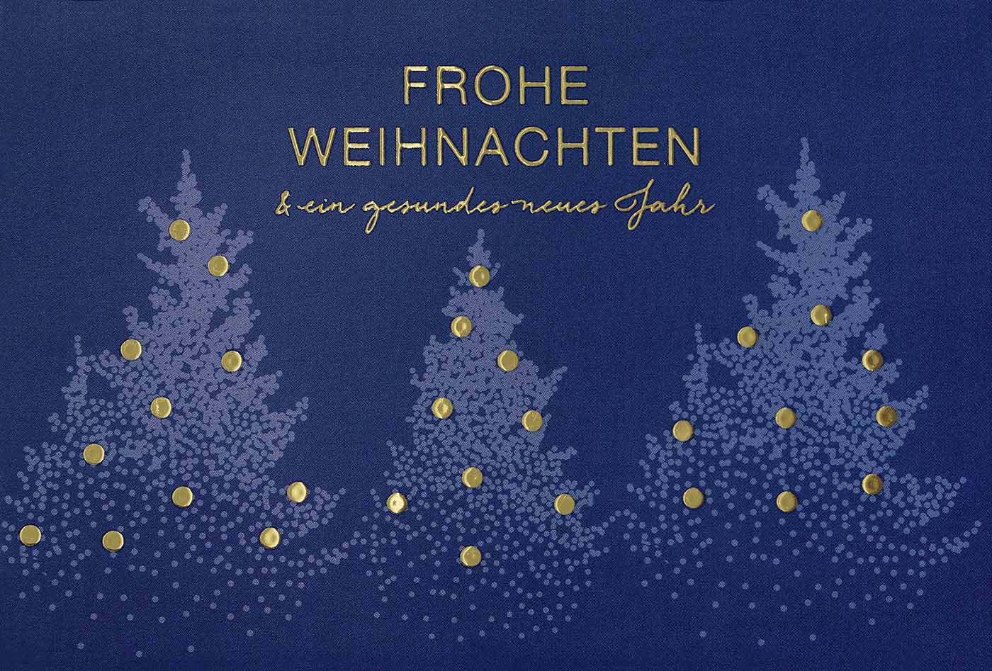 Dunkelblaue Weihnachtskarte mit goldenen Punkten, Tannenbäumen und Weihnachtsgruß