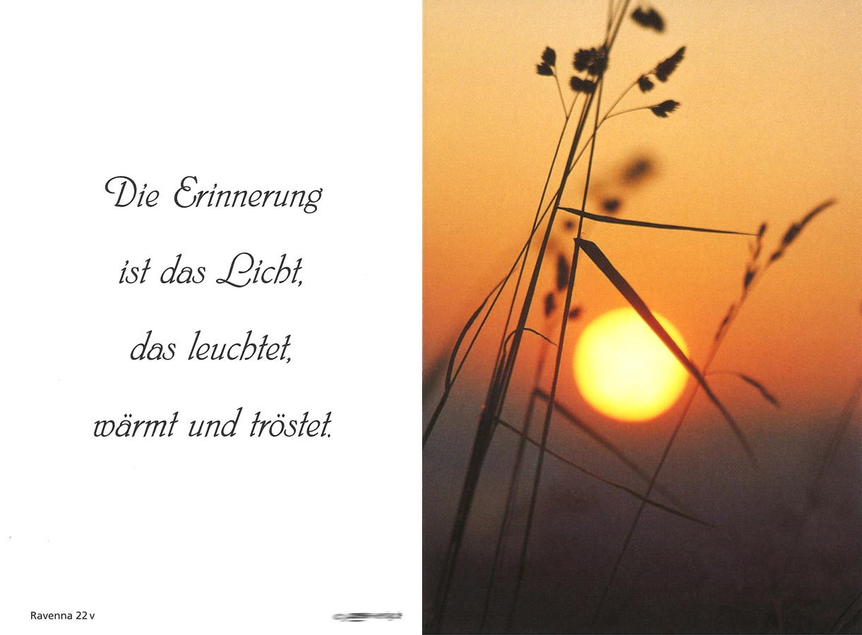 Sterbebildchen zur Erinnerung mit Motiv Sonnenuntergang und passendem Spruch