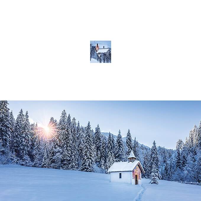 Seite 4 und 1 der winterlichen Weihnachtskarte im DIN lang Format mit verschneiter Bergkapelle und Winterwald