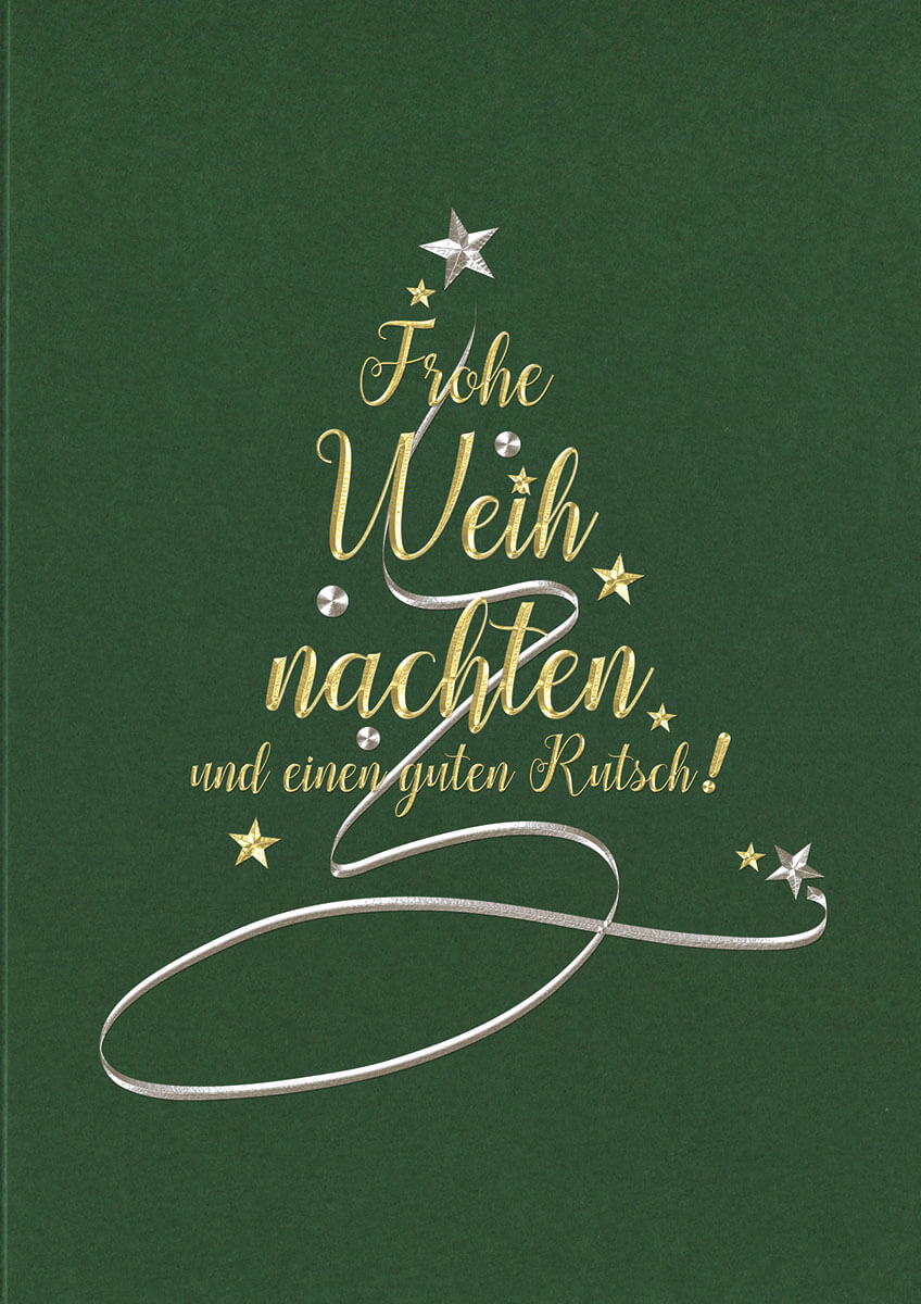 Grüne Weihnachtskarte im klassischen Stil mit Weihnachts- und Neujahrsgrüßen silber und gold