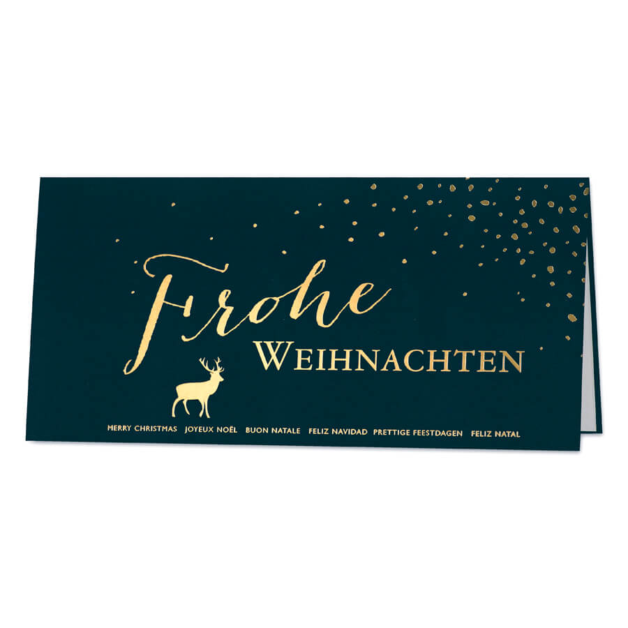 Dunkelblaue Weihnachtskarte mit internationalen Weihnachtswünschen und Hirsch in gold