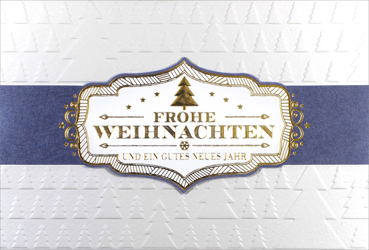 Weihnachtskarte creme mit nachtblauer Metallic-Banderole mit goldener Schrift