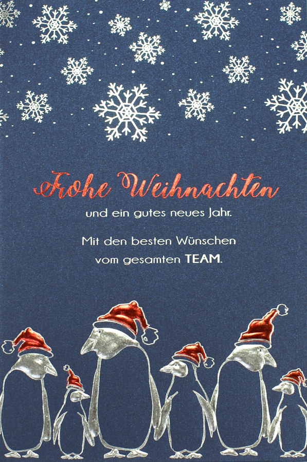 Weihnachtskarte in dunklem blau mit Pinguinen und geschäftlichen Weihnachtsgrüßen