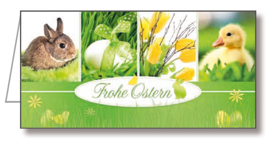 Ostergrußkarte in frischen Grün- und Gelbtönen mit kleinem Osterhasen, Küken und dem Gruß "Frohe Ostern".