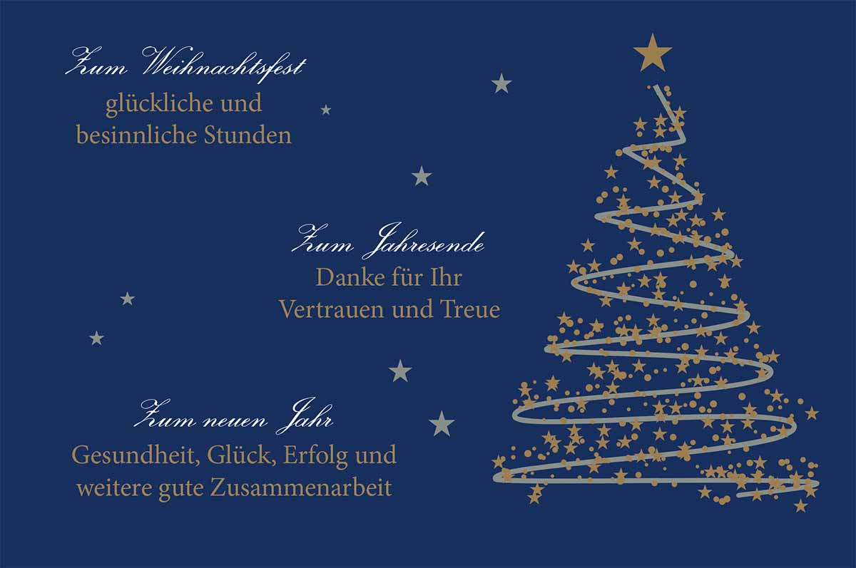 Geschäftliche Weihnachtskarte in blau mit Firmenweihnachtsgrüßen und Weihnachtsbaum aus Sternen.