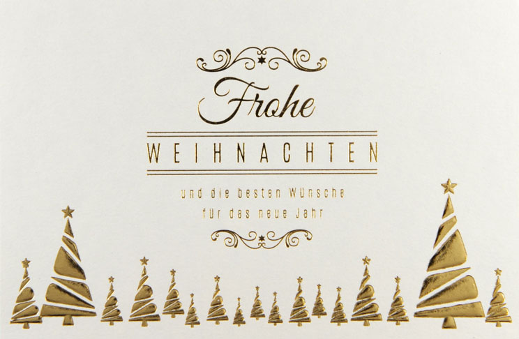 Weihnachtskarte cremefarben mit Weihnachtsbäumen (Goldfolienprägung)