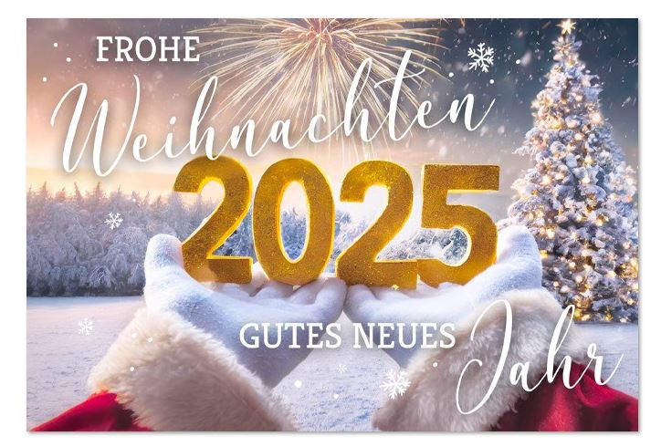 Spendenkarte zugunsten der Deutschen Krebsgesellschaft mit Jahreszahl 2025 in den Händen des Weihnachtsmannes