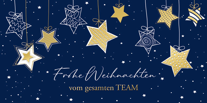 Weihnachtliche Team-Weihnachtskarte in blau mit hängenden Weihnachtssternen, inkl. Einleger