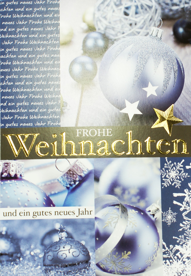 Weihnachtskarte mit Christbaumkugeln in silber und blau und edler Goldfolienprägung