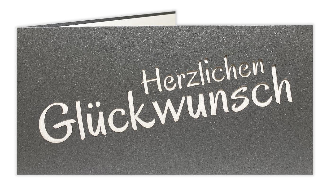 Anthrazitgraue Glückwunschkarte DIN lang mit Ausstanzung "Herzlichen Glückwunsch" und Einlegeblatt 