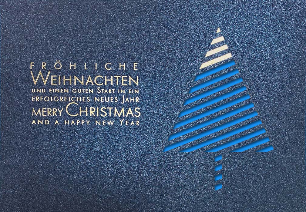 Weihnachtskarte mit Spende für die DKKS in blau mit Stanzung und blauem Falteinlegeblatt