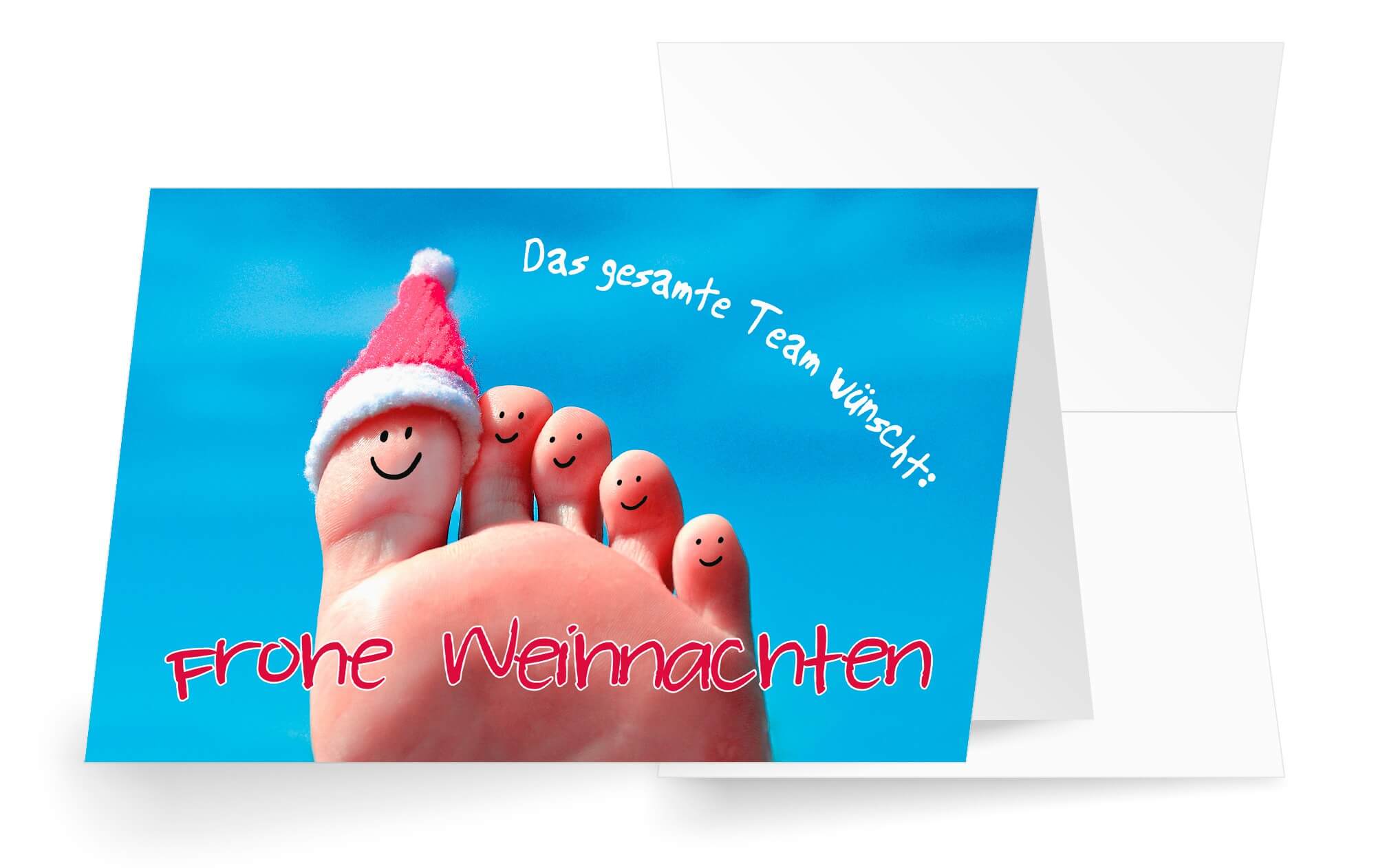 Witzige Weihnachtskarte mit bemalten Fußzehen, roter Weihnachtsmütze und Teamgrüßen