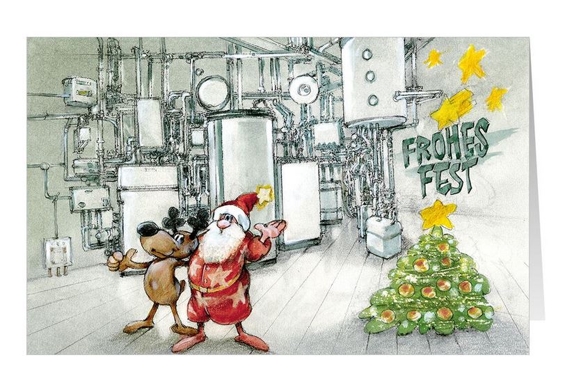 Fröhliche Weihnachtskarte "Heizungsbau" mit neu installierter Heizungsanlage und Gruß "Frohes Fest"