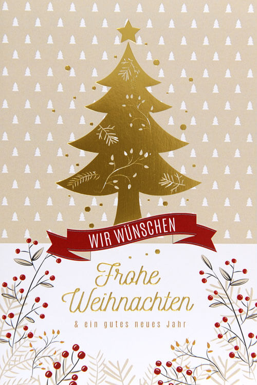 Weihnachtskarte "Wir wünschen Frohe Weihnachten" mit goldenem Weihnachtsbaum