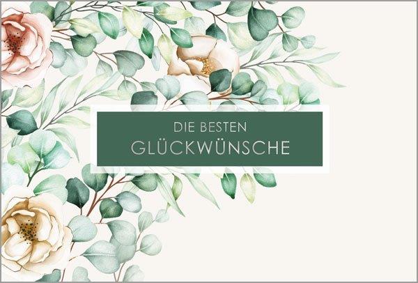 Wunderschöne Glückwunschkarte im Aquarellstil mit Rosenblüten und "Die Besten Glückwünsche"