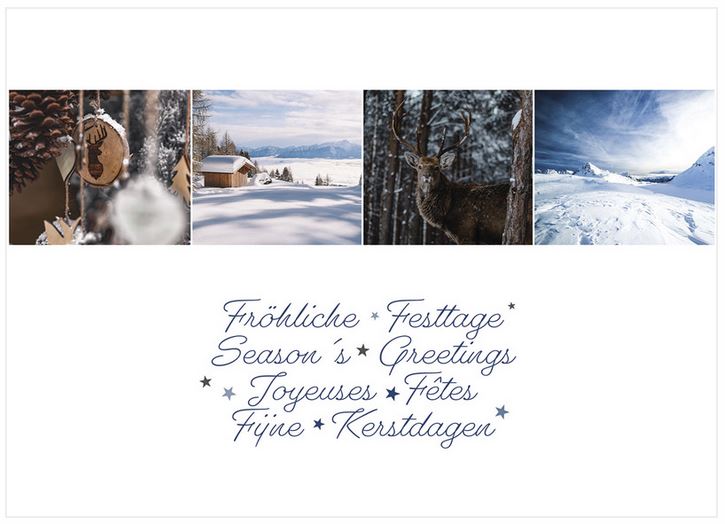 Fotocollage-Weihnachtskarte im winterlichen Design mit "Fröhliche Festtage" und internationalen Grüßen 