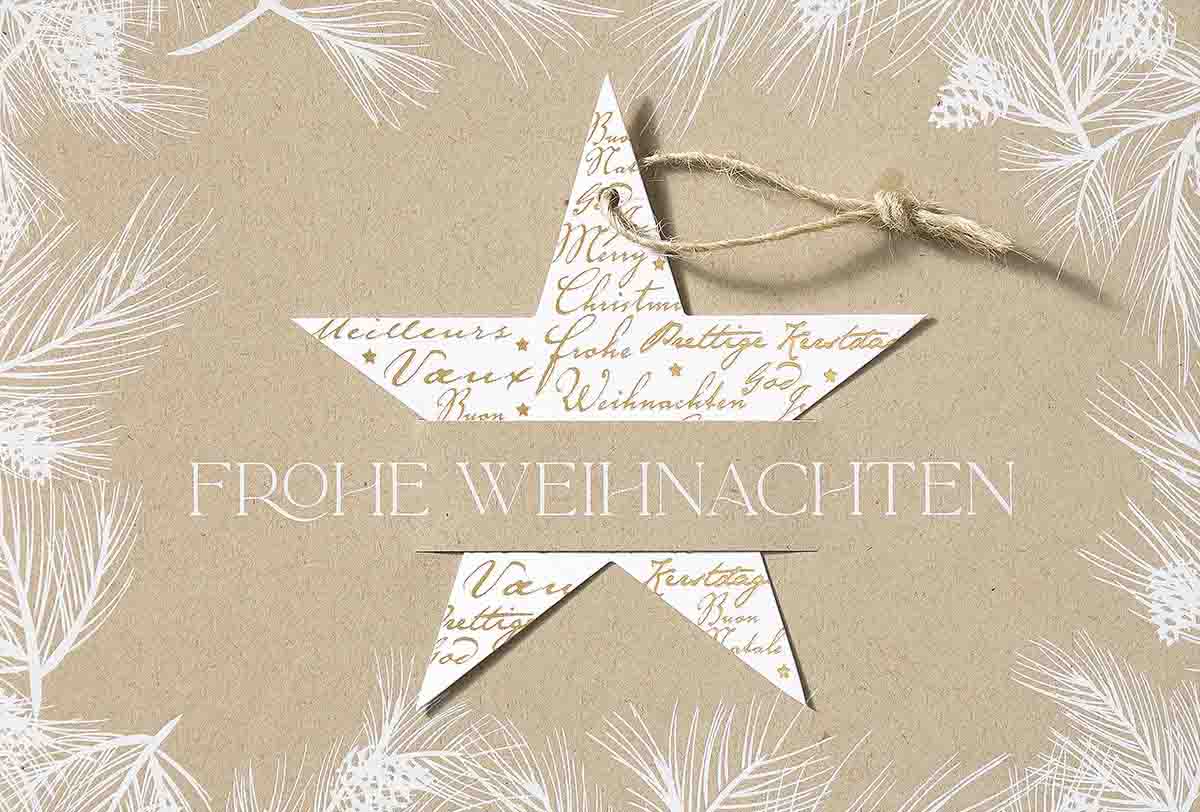 Naturbraune Weihnachtskarte mit eingestecktem Stern, brauner Kordel und Foliendruck