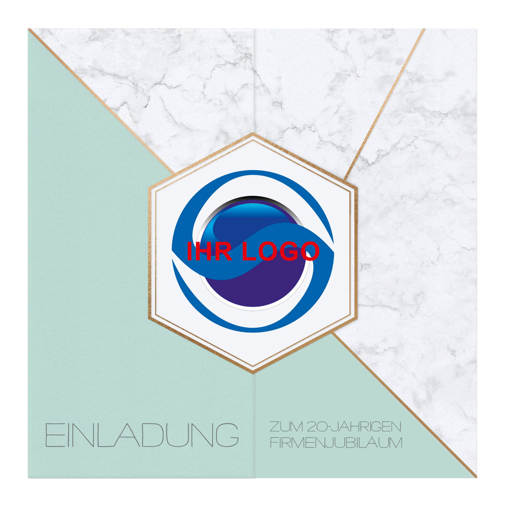 Exclusvie Leporello-Einladungskarte mit Logo, trendigem Marmordesign, Goldfoliendruck und türkis