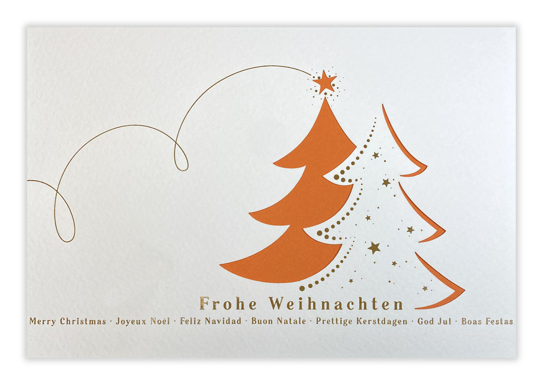 Internationale Weihnachtskarte mit Stanzung Baum und Einlegeblatt in orange