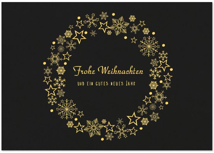 Exclusive Weihnachtskarte in schwarz mit goldenem Sternenkranz und weihnachtlichem Gruß