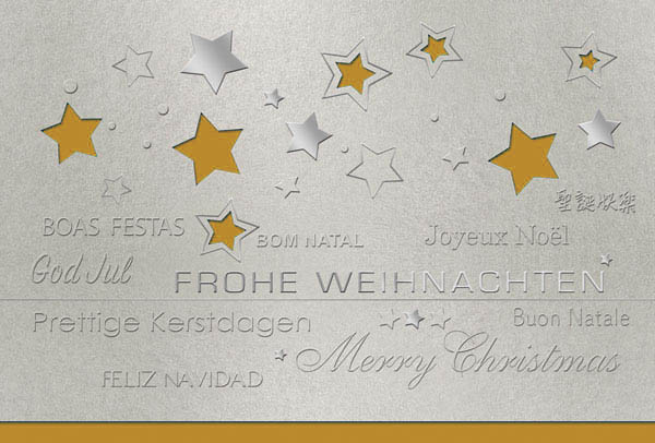 Internationale Weihnachtskarte in silber mit goldenem Falteinleger und gestanzten Sternen