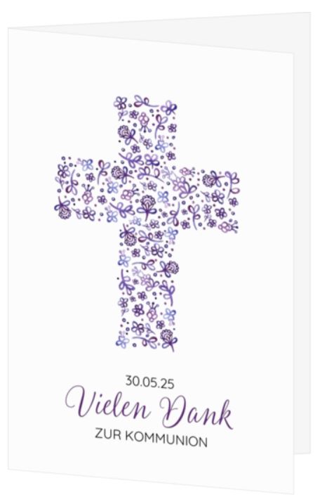 Kommunions-Dankkarte mit violettem Kreuz aus kleinen Blättern, Klappkarte mit Fotodruck innen