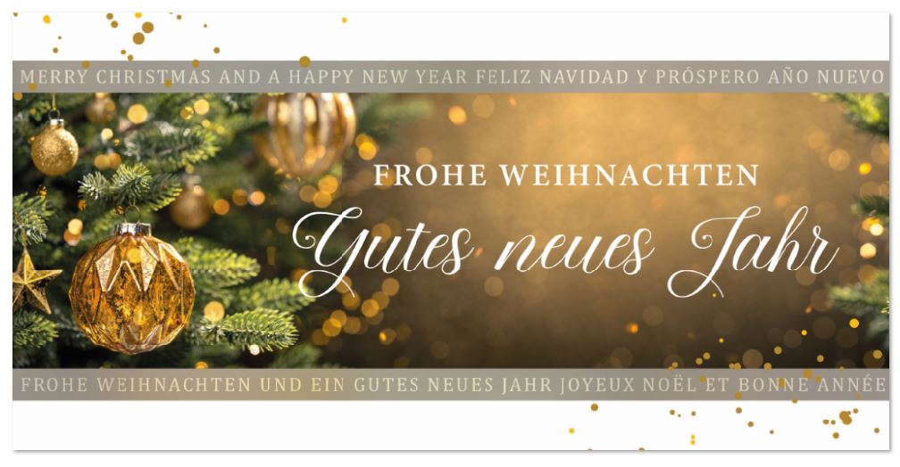 Klassische Spendenkarte mit internationalen Weihnachtsgrüßen und gutem Zweck: Make a Wish Deutschla