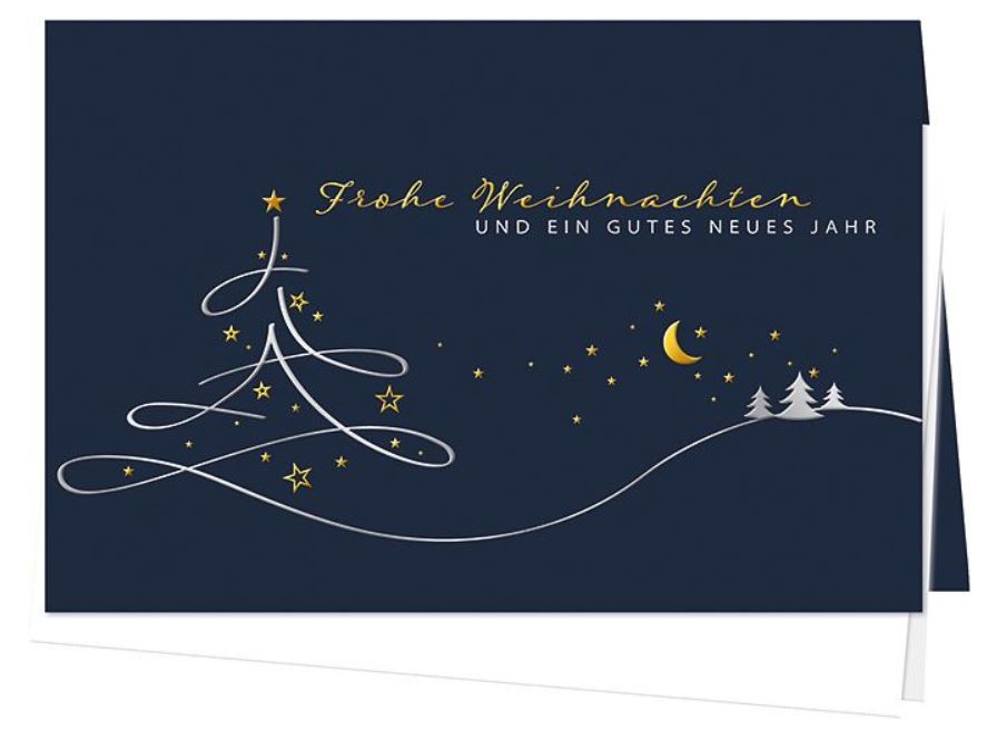 Eleganter Weihnachtsgruß in blau mit Gold- und Silberfolienprägung, inkl. Einlegeblatt innen