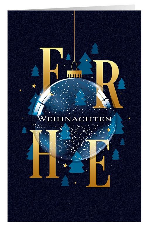 Festliche Weihnachtskarte in blau mit "Frohe Weihnachten", hängender Kugel und Tannenbäumen