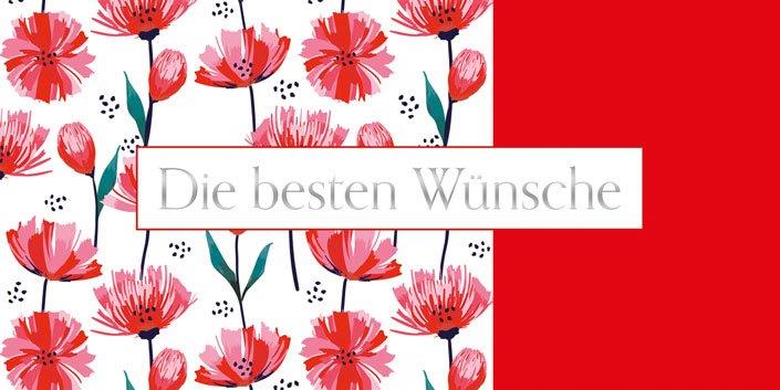 Blumige Glückwunschkarte mit Gruß "Die Besten Wünsche" in silber und roten Mohnblüten